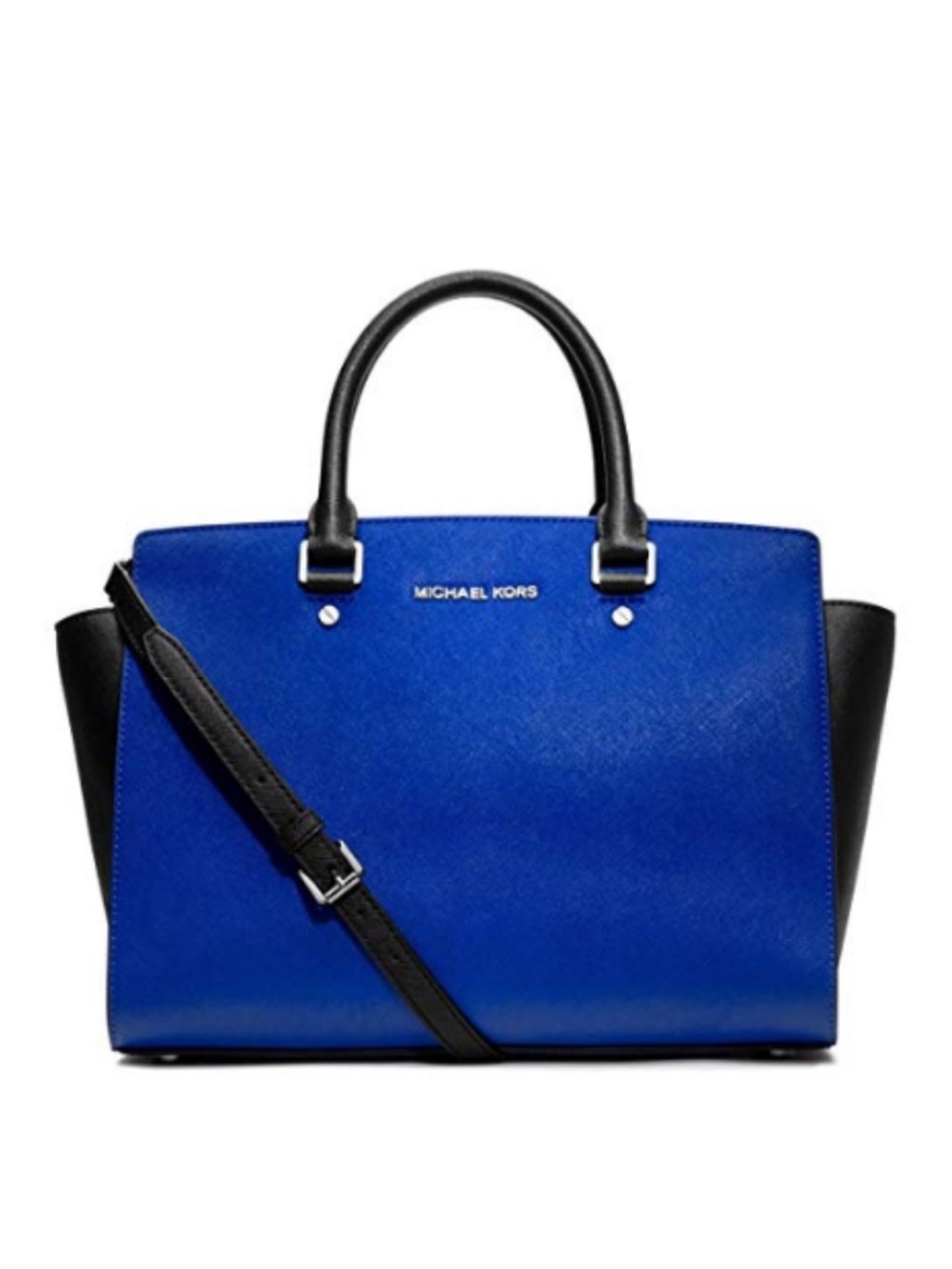 Michael Kors Selma Large Saffiano Leather Satchel Purse Sapphire Blue Black